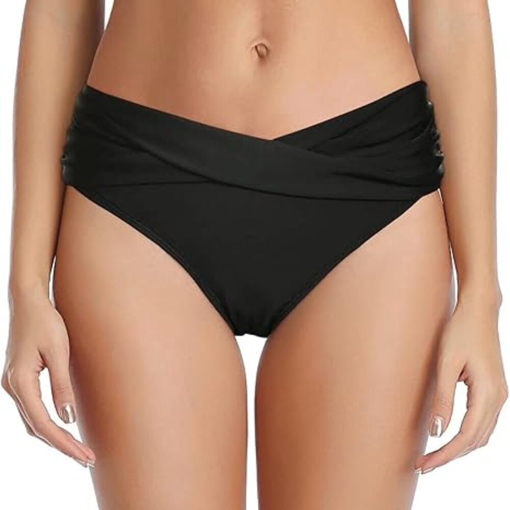 Black V-Cut High Waisted Bikini Bottoms | Ruched Tummy Control Swimwear